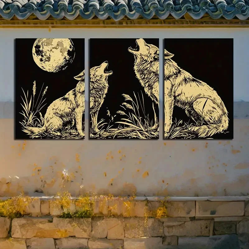 3pcs Wolf Under the Moon Dark Background Design Metal Print Ready to Hang Art