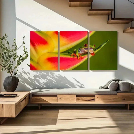 3pcs Tree Frog Lying On Flower Petal Wall Art Set Canvas Framed 40x60cm - High Quality Print 100% Australian Made Wall Canvas Ready to Hang