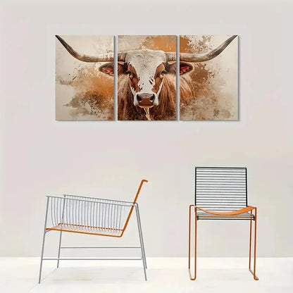 3pcs Longhorn Cow Triptych Design Metal Print Ready to Hang Art