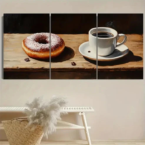3pcs Coffee & Donut, Realistic Wooden Tabletop Wall Art Set Canvas Unframed - High Quality Print 100% Australian Made Wall Canvas