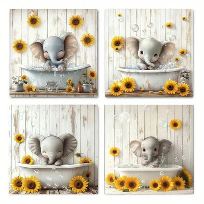 4pcs Elephants & Sunflowers in Bathtub Wall Art Canvas Framed