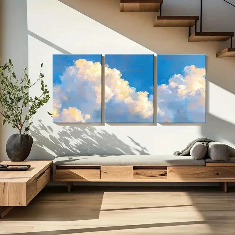 3pcs Abstract Cloudscape Art Sky Blue White Metal Print Ready to Hang Art