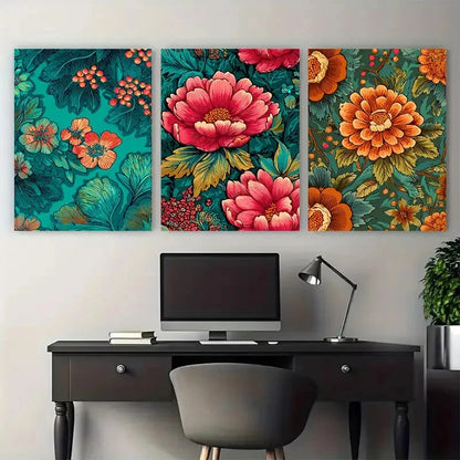 3pcs Vintage Bangkok Floral Thailand Design Wall Art Set Canvas Framed 50x70cm - High Quality Print 100% Australian Made Wall Canvas Ready to Hang