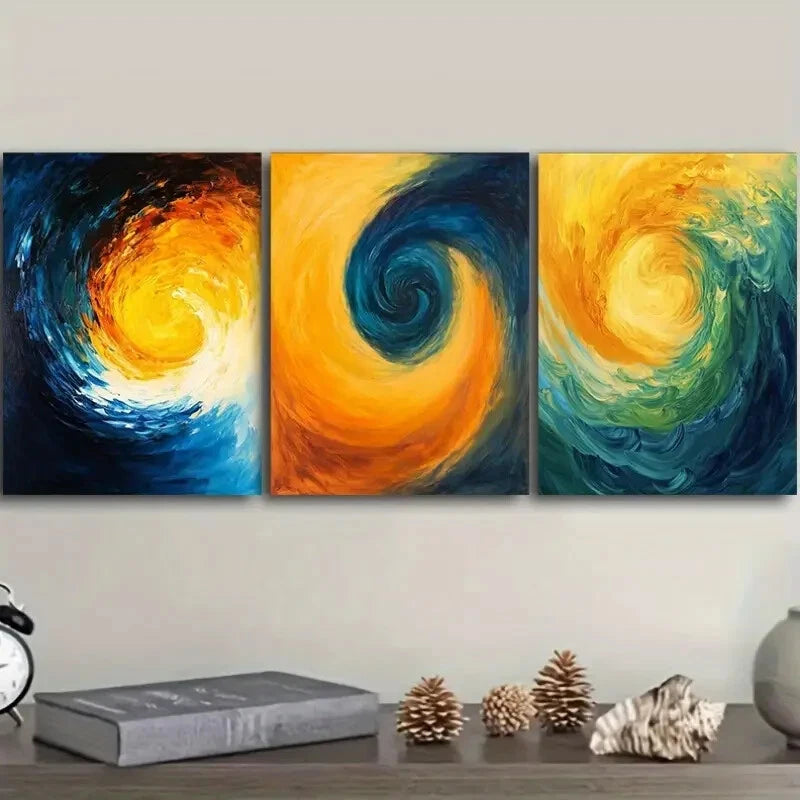 3pcs Swirling Yellow and Blue Abstract Orientation Metal Print Ready to Hang Art