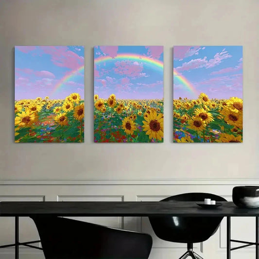 Three-panel artwork of sunflowers and rainbows on a wall above a dining table.