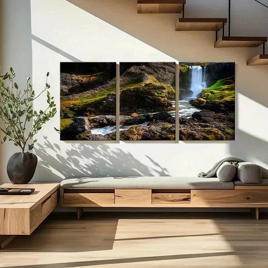 3pcs Creek Mountains and Waterfall Wall Art Set Canvas Framed 40x60cm - High Quality Print 100% Australian Made Wall Canvas Ready to Hang