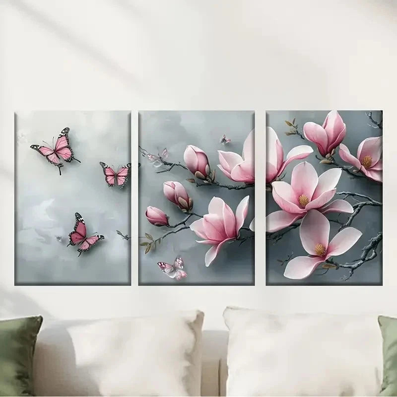3pcs Pink Flowers And Flying Butterflies Metal Print Ready to Hang Art