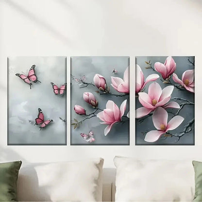 3pcs Pink Flowers And Flying Butterflies Metal Print Ready to Hang Art