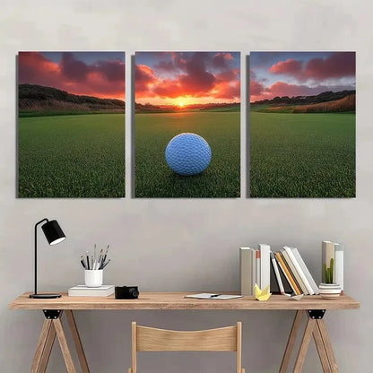 3pcs Sunset Golf Course Painting Metal Print Ready to Hang Art
