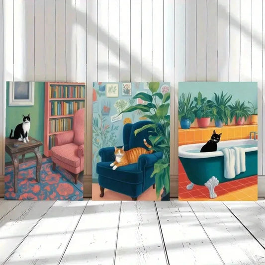 3pcs Bookshelf Armchair Bathtub Houseplants Cat Metal Print Ready to Hang Art