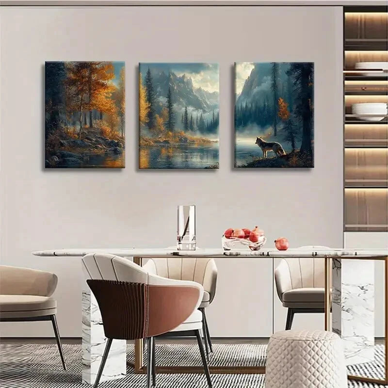 3pcs Wolf Mountain Majestic Forest Landscape Metal Print Ready to Hang Art