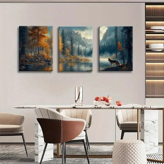 3pcs Wolf Mountain Majestic Forest Landscape Metal Print Ready to Hang Art
