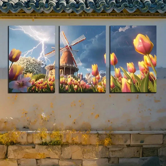 3pcs Lightning Strikes Windmill & Tulips Metal Print Ready to Hang Art