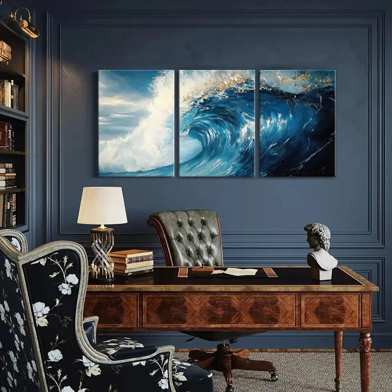 3pcs Abstract Ocean Wave Art Blue Sea Spray Metal Print Ready to Hang Art