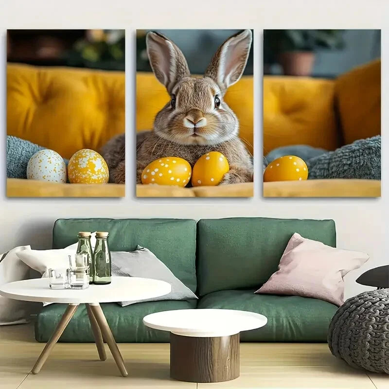 3pcs Whimsical Easter Bunny Holding Colorful Eggs Metal Print Ready to Hang Art