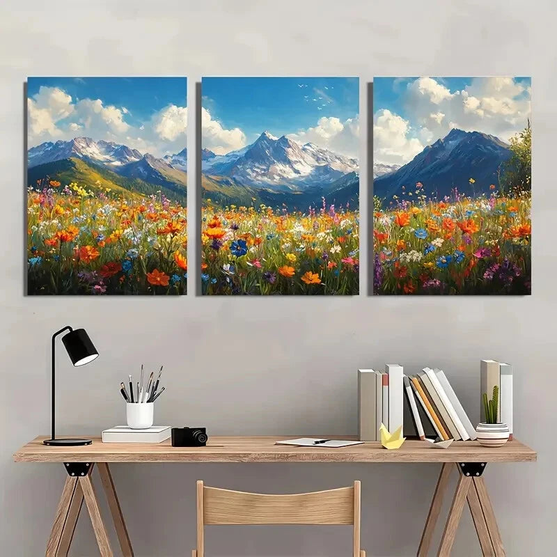 3pcs Vibrant Mountain and Wildflower Art Metal Print Ready to Hang Art