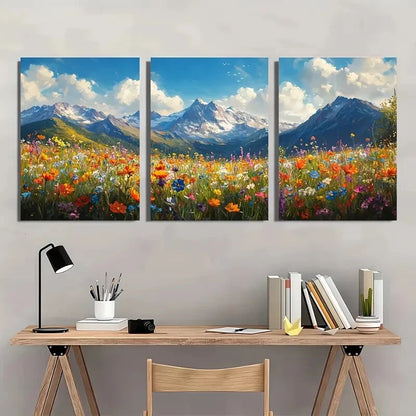 3pcs Vibrant Mountain and Wildflower Art Metal Print Ready to Hang Art