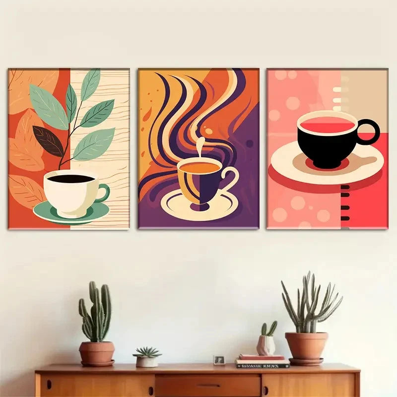 3pcs Retro Vibrant Coffee-Themed Metal Print Ready to Hang Art