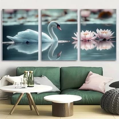3pcs White Swan with Water Lilies Design Metal Print Ready to Hang Art