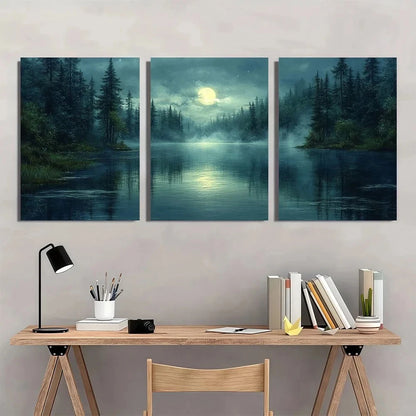 3pcs Moonlit Forest Misty Pine Trees & River Wall Art Set Canvas Framed 60x90cm - High Quality Print 100% Australian Made Wall Canvas Ready to Hang