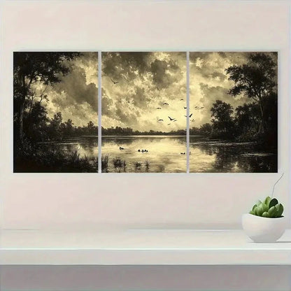 3pcs Vintage Birds by Pond Rustic Nature Metal Print Ready to Hang Art