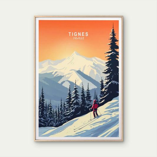Tignes France, Skiing Man in Pine Forest Travel Poster Print Wall Art