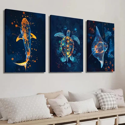 3pcs Colorful Shark Turtle and Stingray Wall Art Set Canvas Unframed - High Quality Print 100% Australian Made Wall Canvas