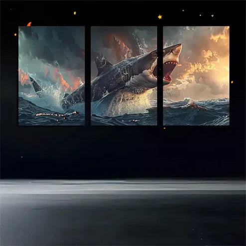 3pcs Large Shark Swimming Over An Ocean Canvas Framed 60x90cm - High Quality Print 100% Australian Made Wall Canvas Ready to Hang