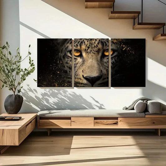 3pcs Leopard Portrait Golden Eyes Abstract Metal Print Ready to Hang Art