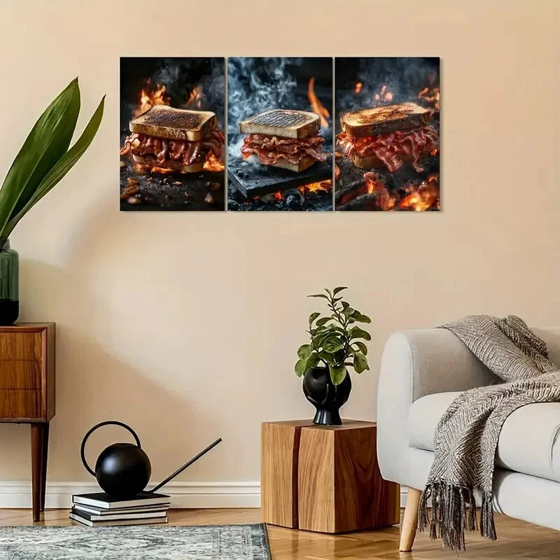 3pcs Vintage-Inspired Bacon Sandwich Metal Print Ready to Hang Art