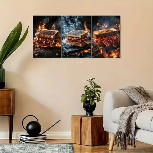 3pcs Vintage-Inspired Bacon Sandwich Metal Print Ready to Hang Art