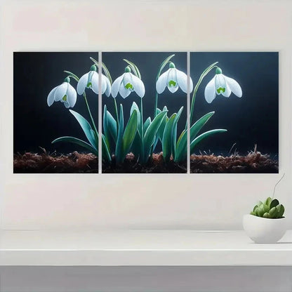 3pcs Elegant White Snowdrops with Green Leaves Metal Print Ready to Hang Art