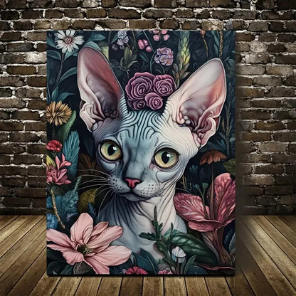 Cute Sphynx Kitten with Vibrant Flowers 40x60cm Metal Print Ready to Hang