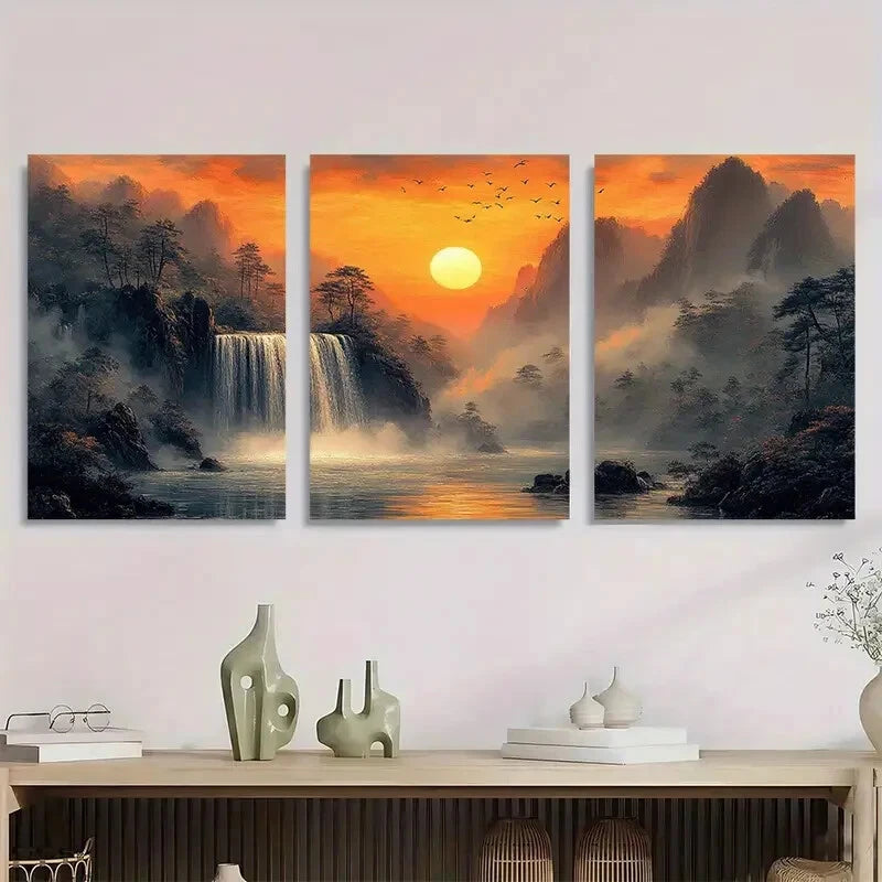 3pcs Sunset Landscape with Birds and Forest Metal Print Ready to Hang Art