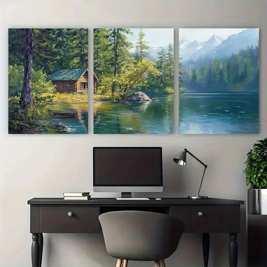 3pcs Lake Quinault Forest Lake Cabin Landscape Metal Print Ready to Hang Art