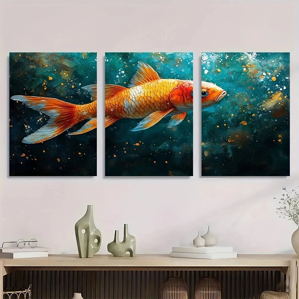 3pcs Mural Colorful Golden White Fish Metal Print Ready to Hang Art