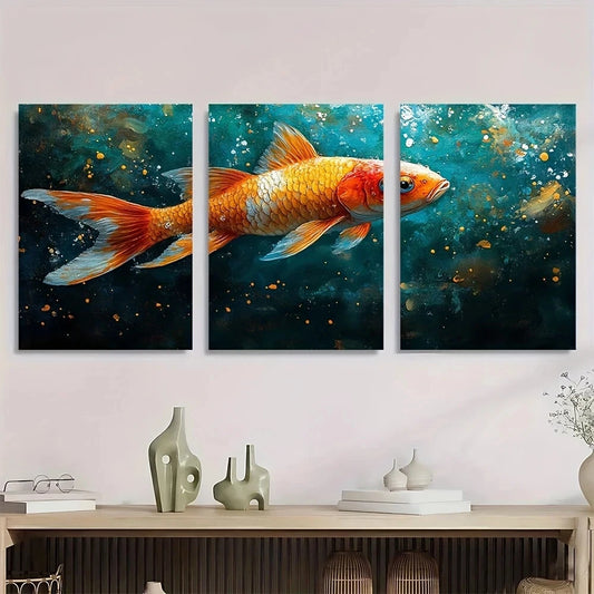 3pcs Mural Colorful Golden White Fish Metal Print Ready to Hang Art