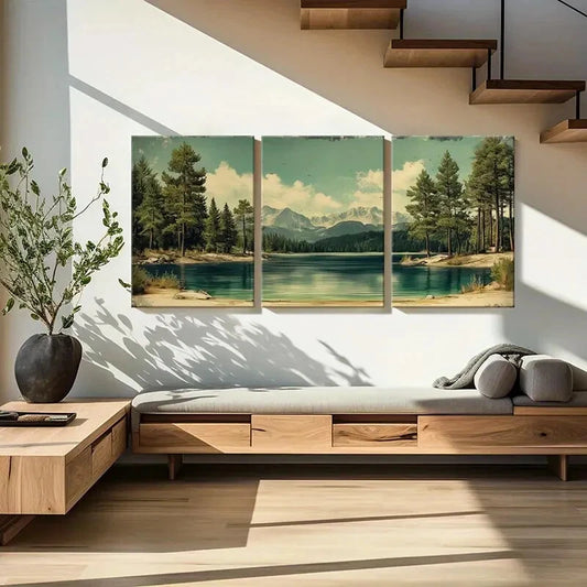 3pcs Mountain Lake Pine Trees Snowy Peak Metal Print Ready to Hang Art