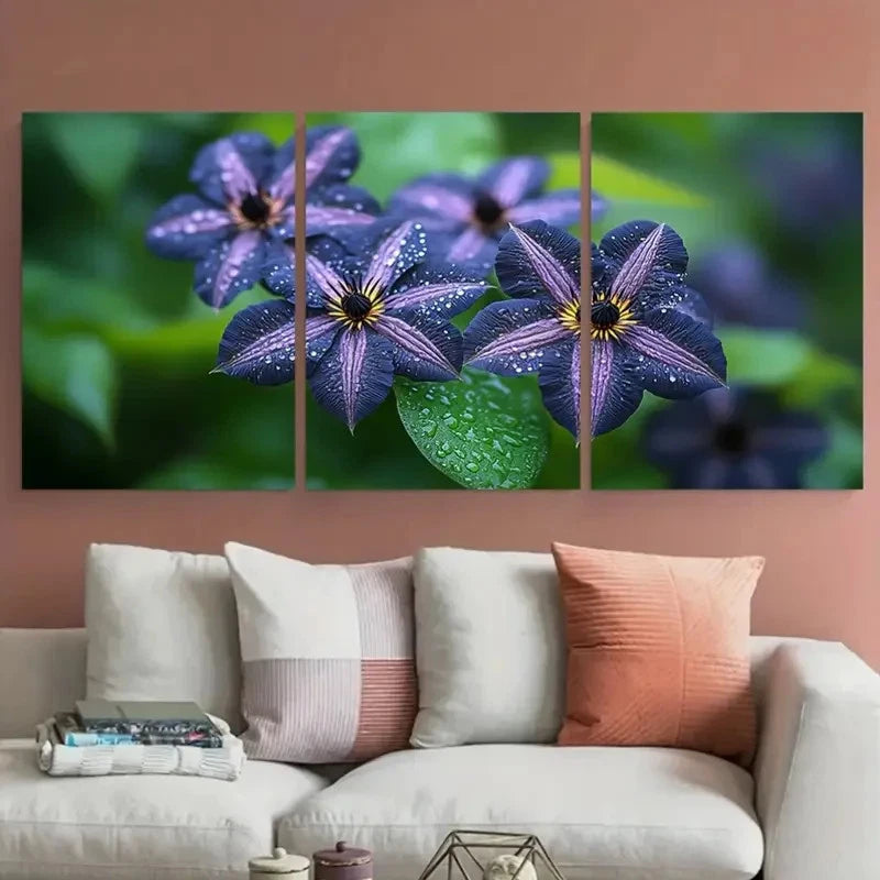 3pcs Natural Black Clematis Flower Botanical Metal Print Ready to Hang Art