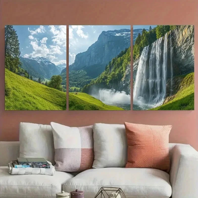 3pcs Lauterbrunnen Waterfall with Lush Greenery Metal Print Ready to Hang Art