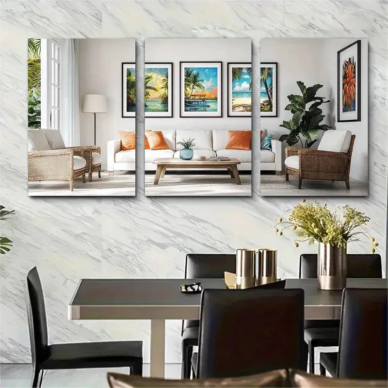 3pcs Vibrant Caribbean Beach Scenes Ocean Palm Trees Print Ready to Hang Art