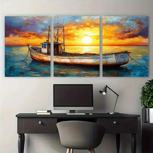 3pcs Vintage Fishing Boat Seaside Coastal Design Wall Art Set Canvas Framed 40x60cm - High Quality Print 100% Australian Made Wall Canvas Ready to Hang