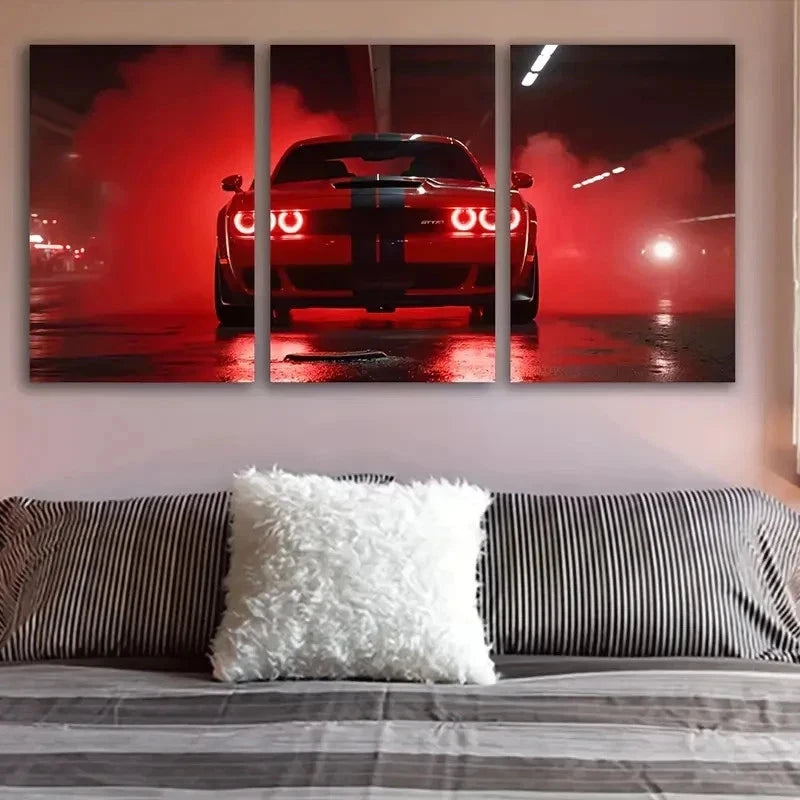 3pcs Red Sports Car Neon Glow Metal Print Ready to Hang Art