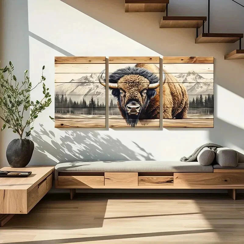 3pcs Rustic Buffalo Mountain Nature Landscape Metal Print Ready to Hang Art