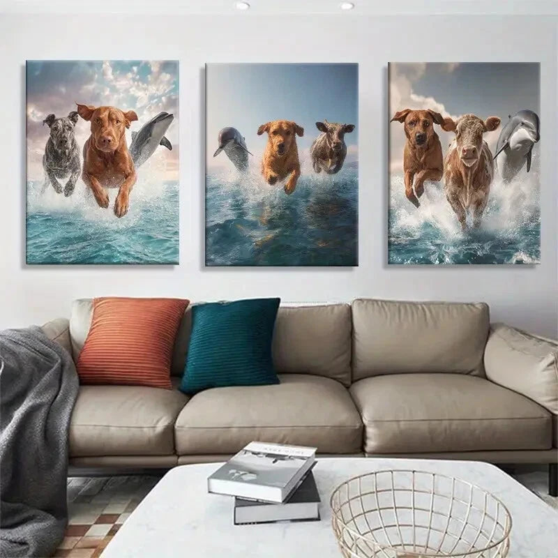 3pcs Funny Animals Dogs Cows and Dolphins Jumping Metal Print Ready to Hang Art