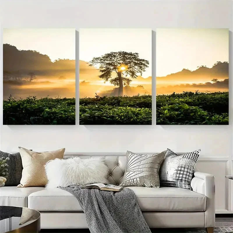 3pcs Golden Sunrise Over Tea Plantation Wall Art Set Canvas Framed 60x90cm - High Quality Print 100% Australian Made Wall Canvas Ready to Hang