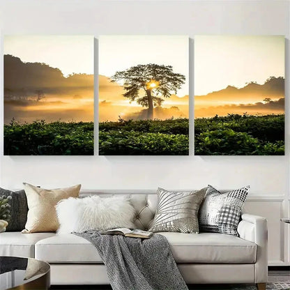 3pcs Golden Sunrise Over Tea Plantation Wall Art Set Canvas Framed 60x90cm - High Quality Print 100% Australian Made Wall Canvas Ready to Hang