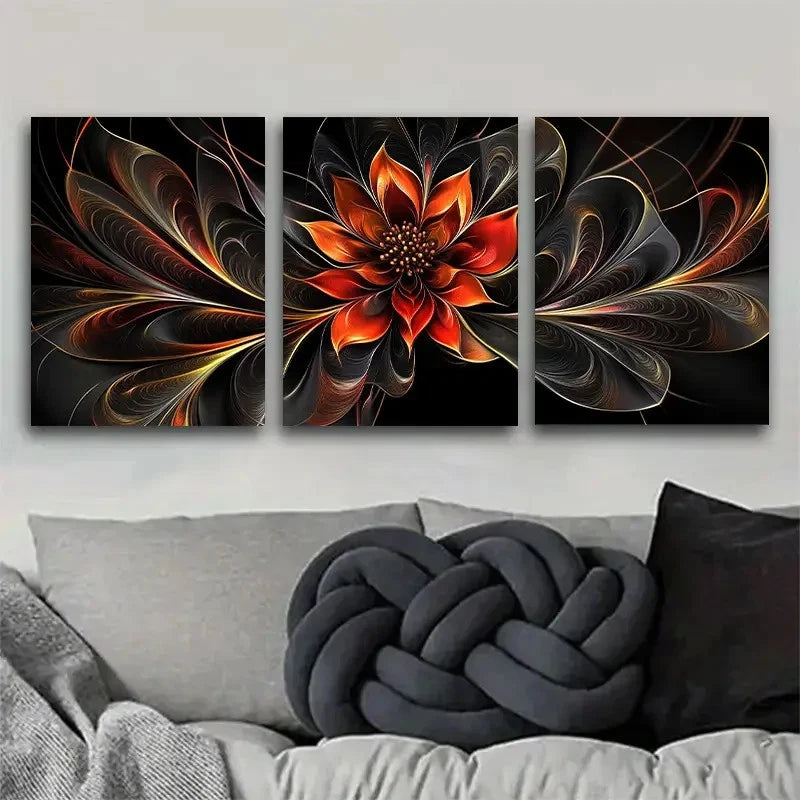 3pcs Floral Art with Intricate Golden Details Metal Print Ready to Hang Art