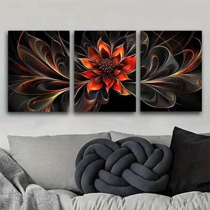 3pcs Floral Art with Intricate Golden Details Metal Print Ready to Hang Art
