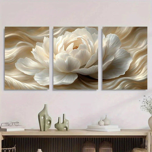 3pcs Elegant White Peony Floral Metal Print Ready to Hang Art